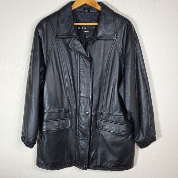 Winlit Black Genuine Leather Jacket Womans Large Quilted Professional Style - Picture 1 of 11